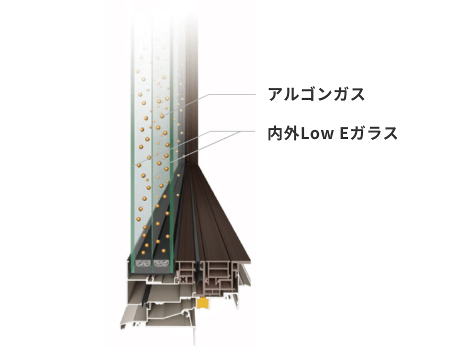 アルゴンガス入り、内外Low-EガラスのTW断面図