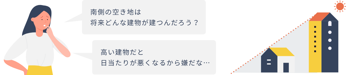 南側の空き地は将来どんな建物が建つんだろう？高い建物だと日当たりが悪くなるから嫌だな…